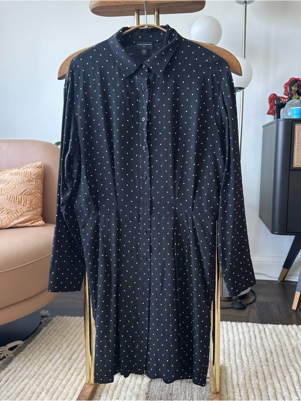 Club Monaco Black Polka Dot Button-Front Shirt Dress